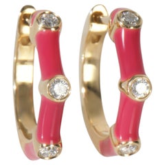 Yellow Gold Diamond Fuchsia Enamel Huggie Earrings