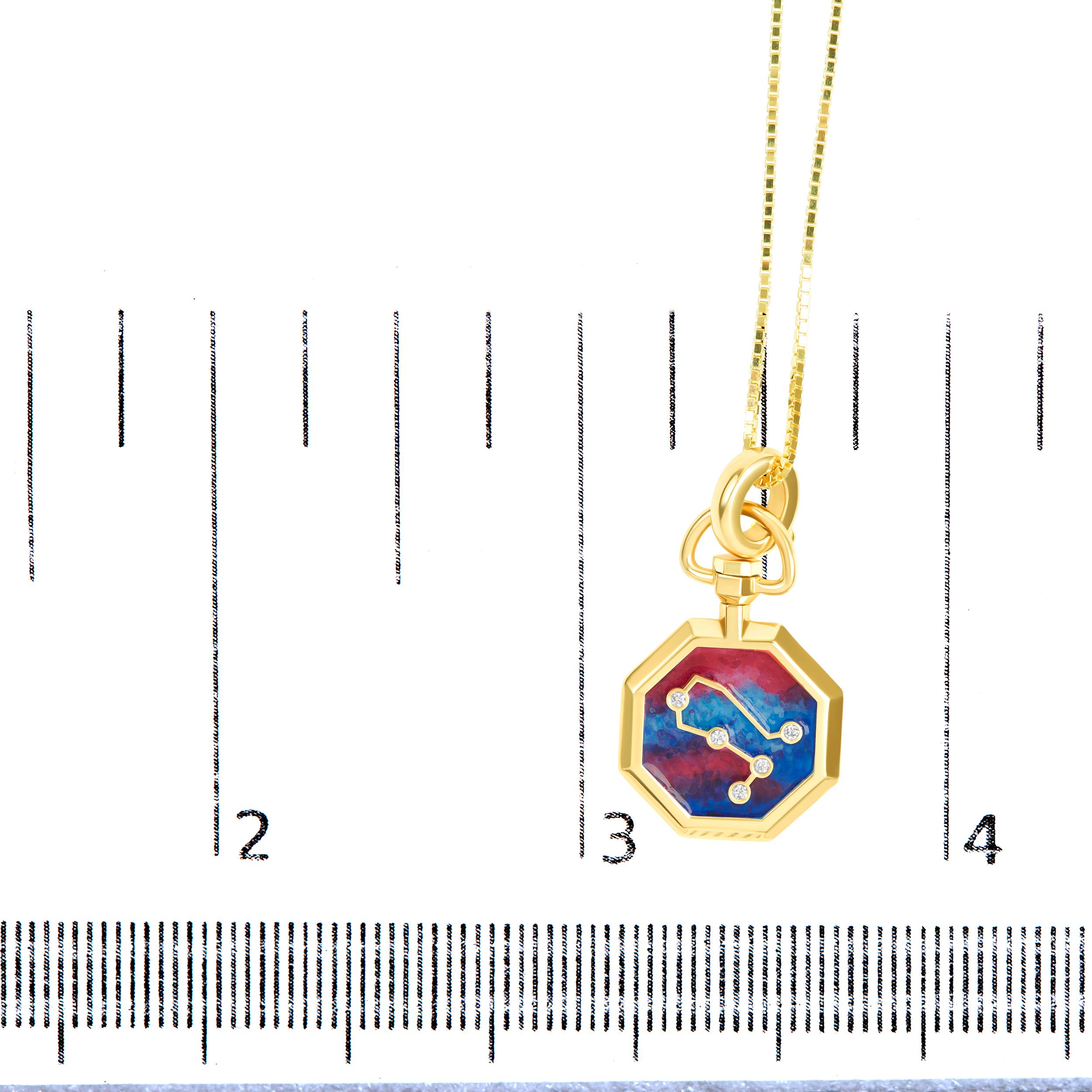 Modern Yellow Gold Diamond Gemini Constellation with Red & Blue Enamel Pendant Necklace For Sale