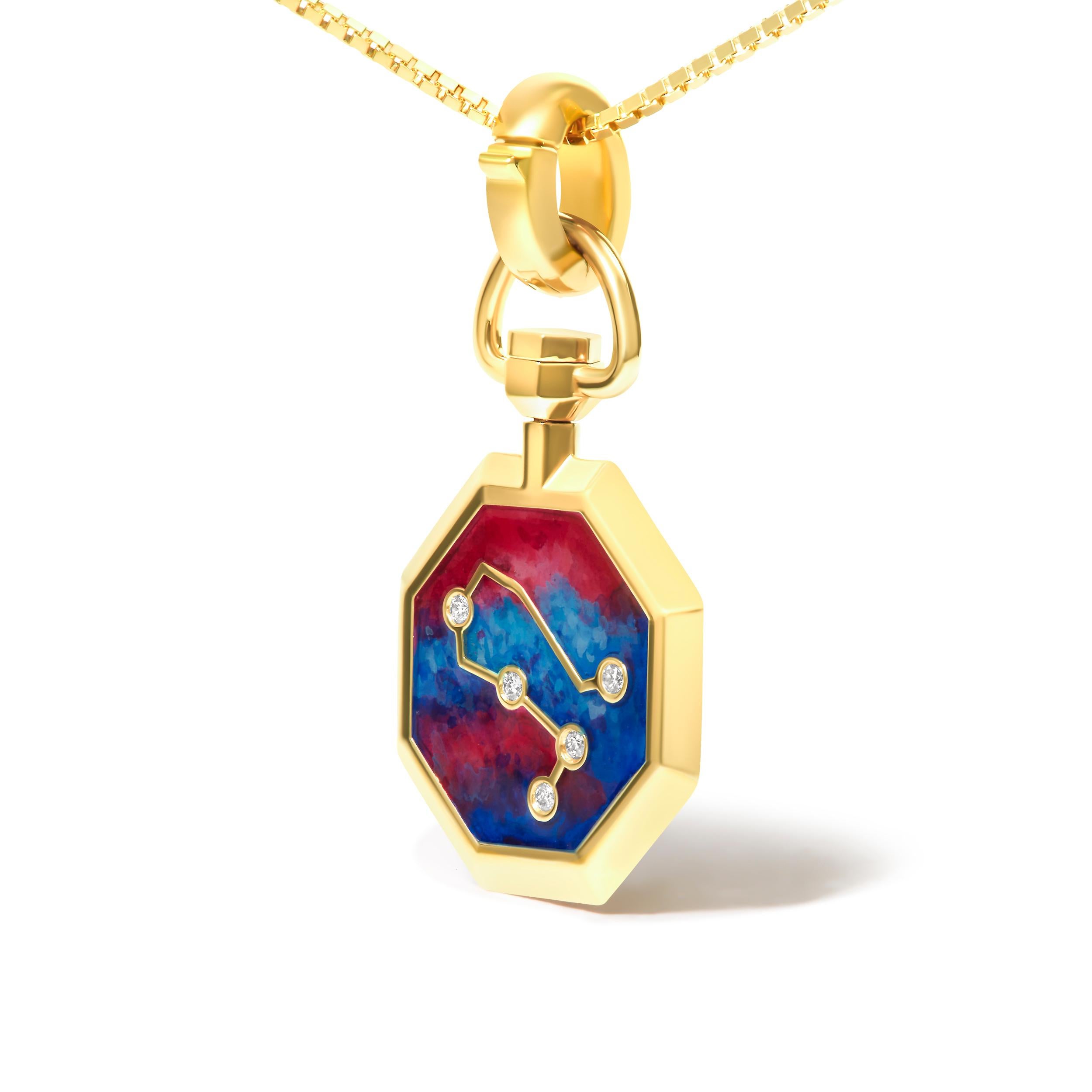 Round Cut Yellow Gold Diamond Gemini Constellation with Red & Blue Enamel Pendant Necklace For Sale