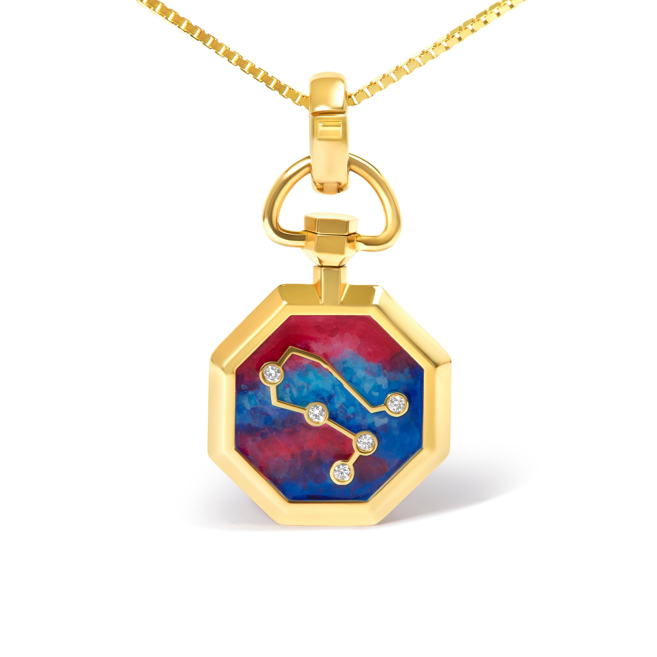 Yellow Gold Diamond Gemini Constellation with Red & Blue Enamel Pendant Necklace In New Condition For Sale In New York, NY