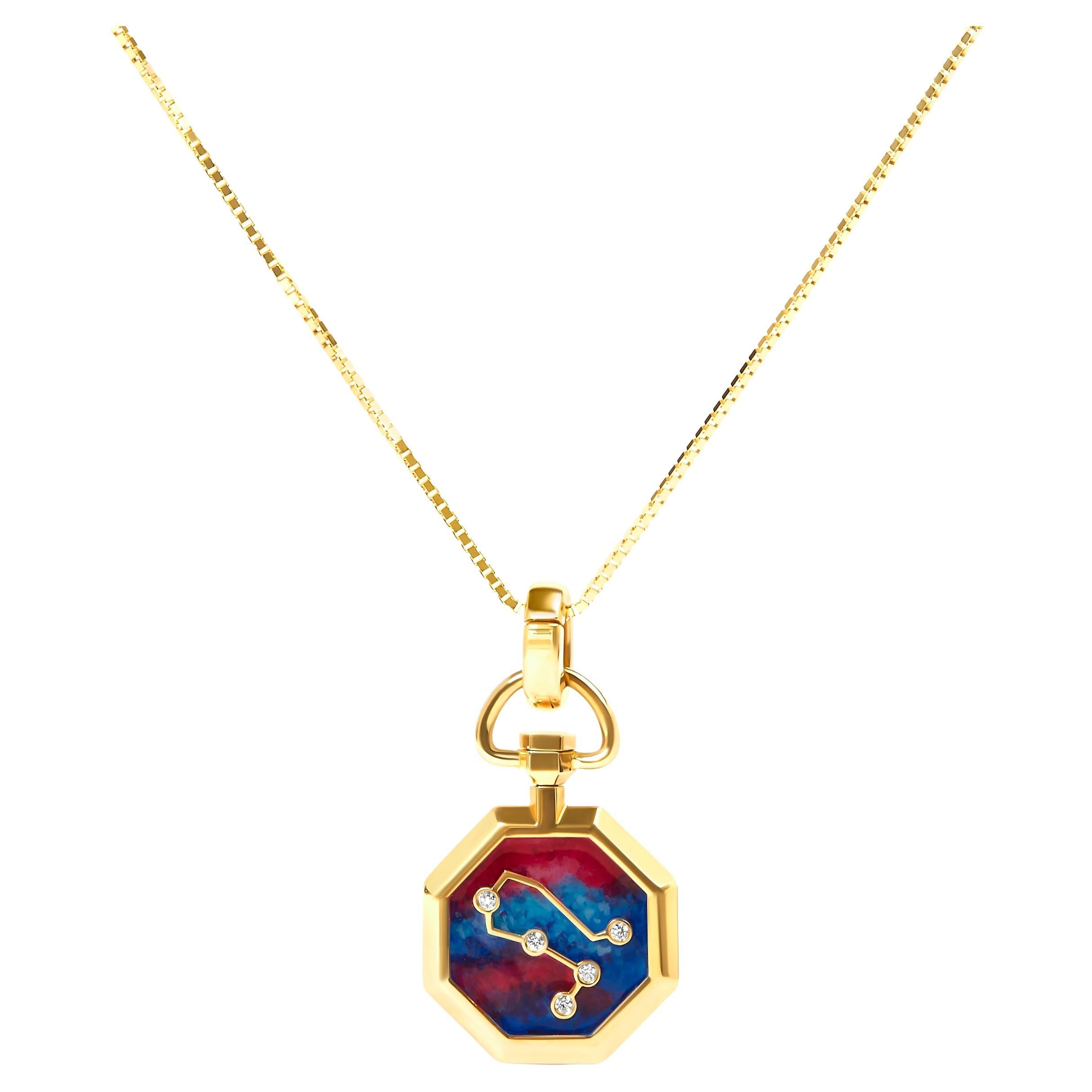Collier pendentif Gemini Constellation en or jaune et émail rouge et bleu