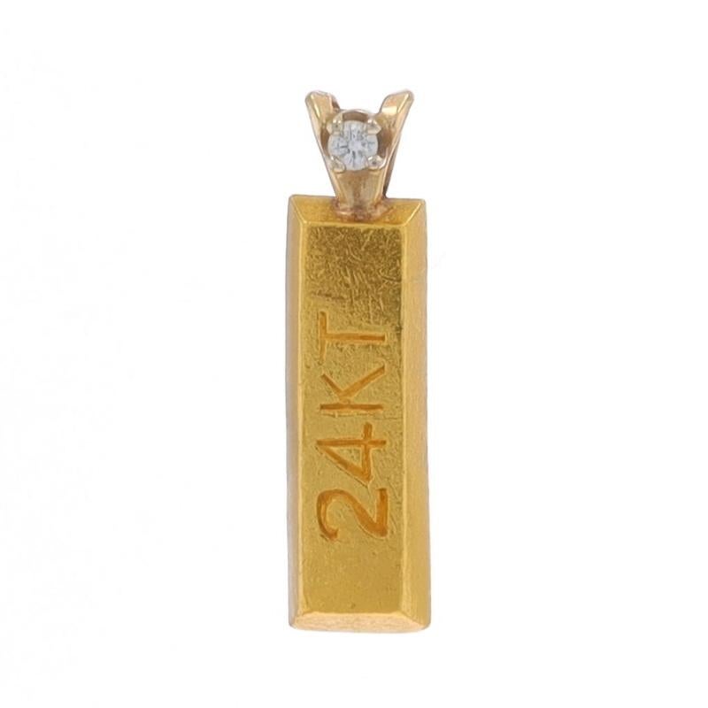 Metal Content: 24k Yellow Gold & 14k Yellow Gold (bail)

Stone Information

Natural Diamond
Cut: Round Brilliant
Stone Note: (one small accent)

Style: Solitaire
Theme: Gold Bar, Bullion

Measurements

Tall (from stationary bail): 25/32