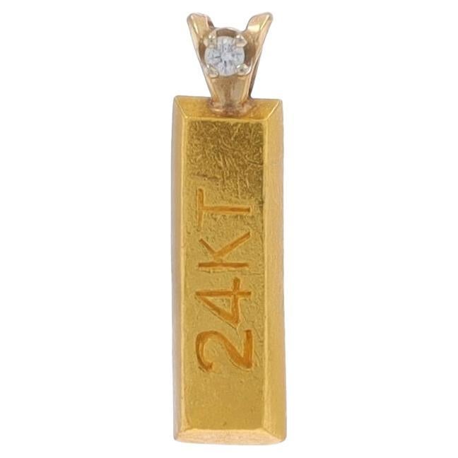 Yellow Gold Diamond Gold Bar Solitaire Pendant - 24k & 14k Round Brilliant For Sale