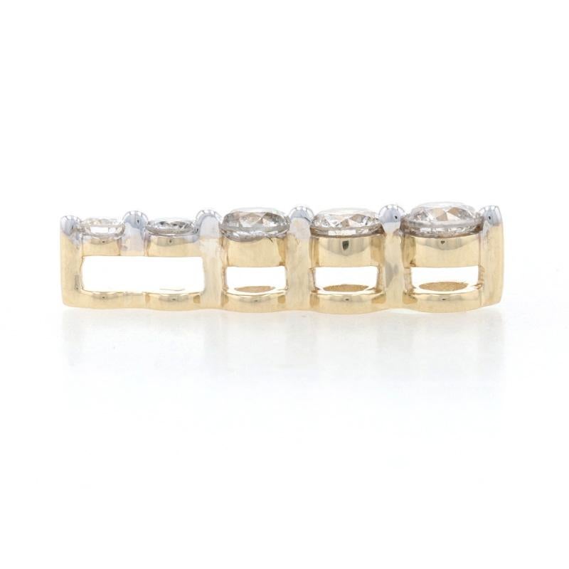 Metal Content: 14k Yellow Gold & 14k White Gold

Stone Information: 
Natural Diamonds
Total Carats: .50ctw
Cut: Round Brilliant
Color: I - J
Clarity: I1

Style: Graduated Journey
Theme: Love

Measurements:
Tall: 3/4