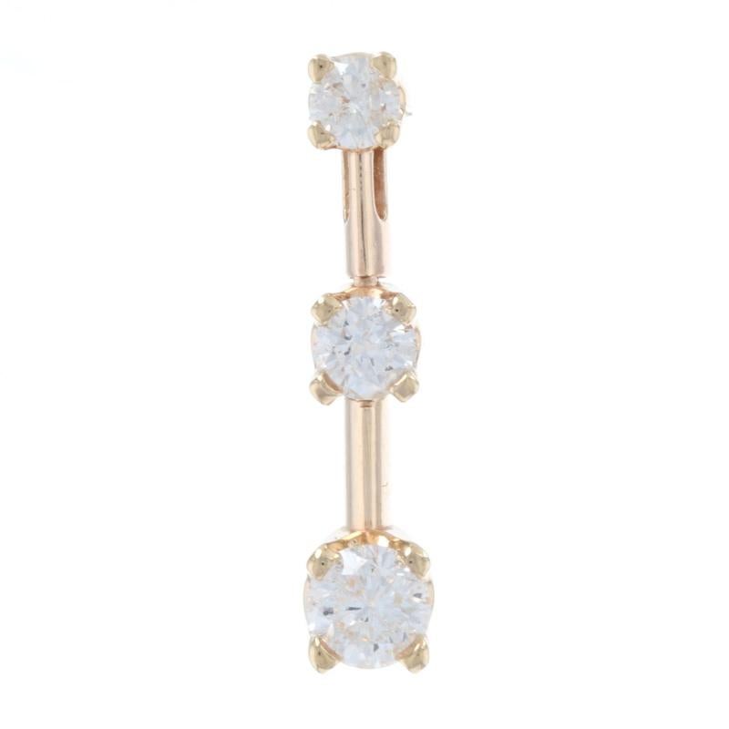 Metal Content: 14k Yellow Gold

Stone Information
Natural Diamonds
Total Carat(s): .50ctw
Cut: Round Brilliant 
Color: H - I
Clarity: SI2 - I1
Diameters: 2.9mm, 3.2mm, & 4mm

Style: Graduated Three-Stone Journey 
Theme: Love

Measurements
Tall: