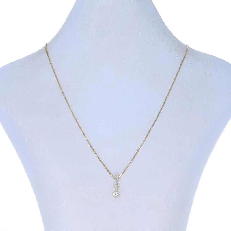 Metal Content: 14k Yellow Gold

Stone Information
Natural Diamonds
Carat(s): .50ctw
Cut: Round Brilliant
Color: H - I
Clarity: I2
Diameters: 2.6mm, 3mm, & 4.1mm

Total Carats: .50ctw

Style: Graduated Three-Stone Journey
Chain Style: Box
Necklace