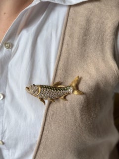 Yellow Gold Diamond Green Tourmaline Onyx Fish Brooch