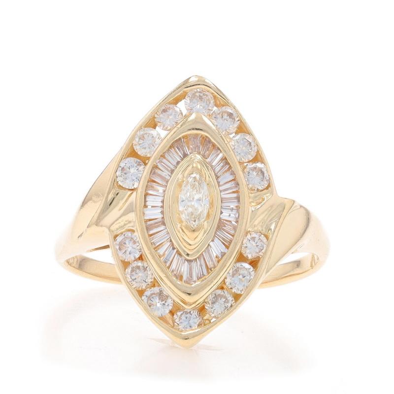Size: 9 1/2
Sizing Fee: Up 2 1/2 sizes for $40 or Down 2 sizes for $30

Metal Content: 14k Yellow Gold

Stone Information
Natural Diamonds
Carat(s): 1.20ctw
Cut: Marquise, Baguette, & Round Brilliant
Color: J - K
Clarity: VS1 - VS2 / SI1 -