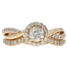 Yellow Gold Diamond Halo Engagement Ring & Wedding Band - 14k Round .95ctw