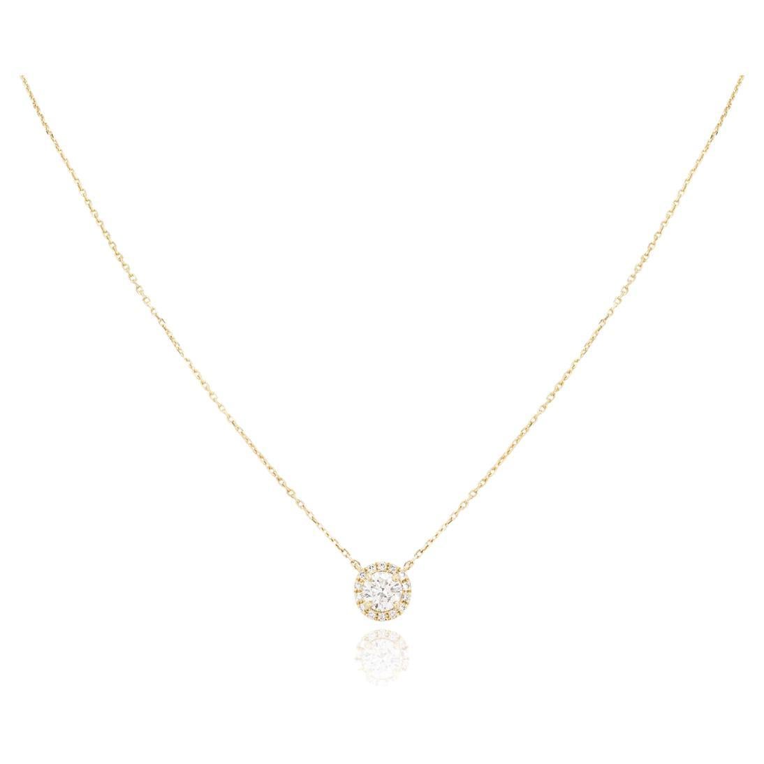 Yellow Gold Diamond Halo Pendant Necklace 0.53ct H/SI2 For Sale