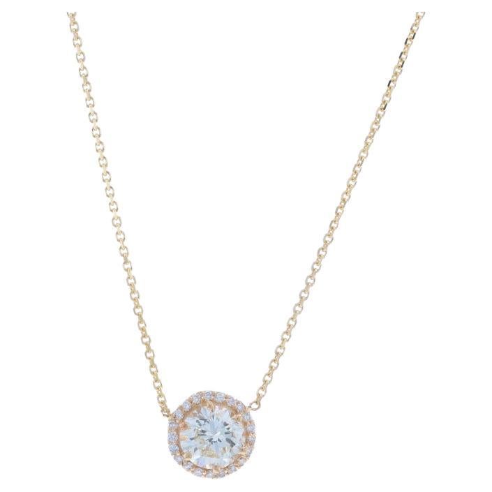 Yellow Gold Diamond Halo Pendant Necklace - 14k Round 1.08ctw GIA Adjustable For Sale