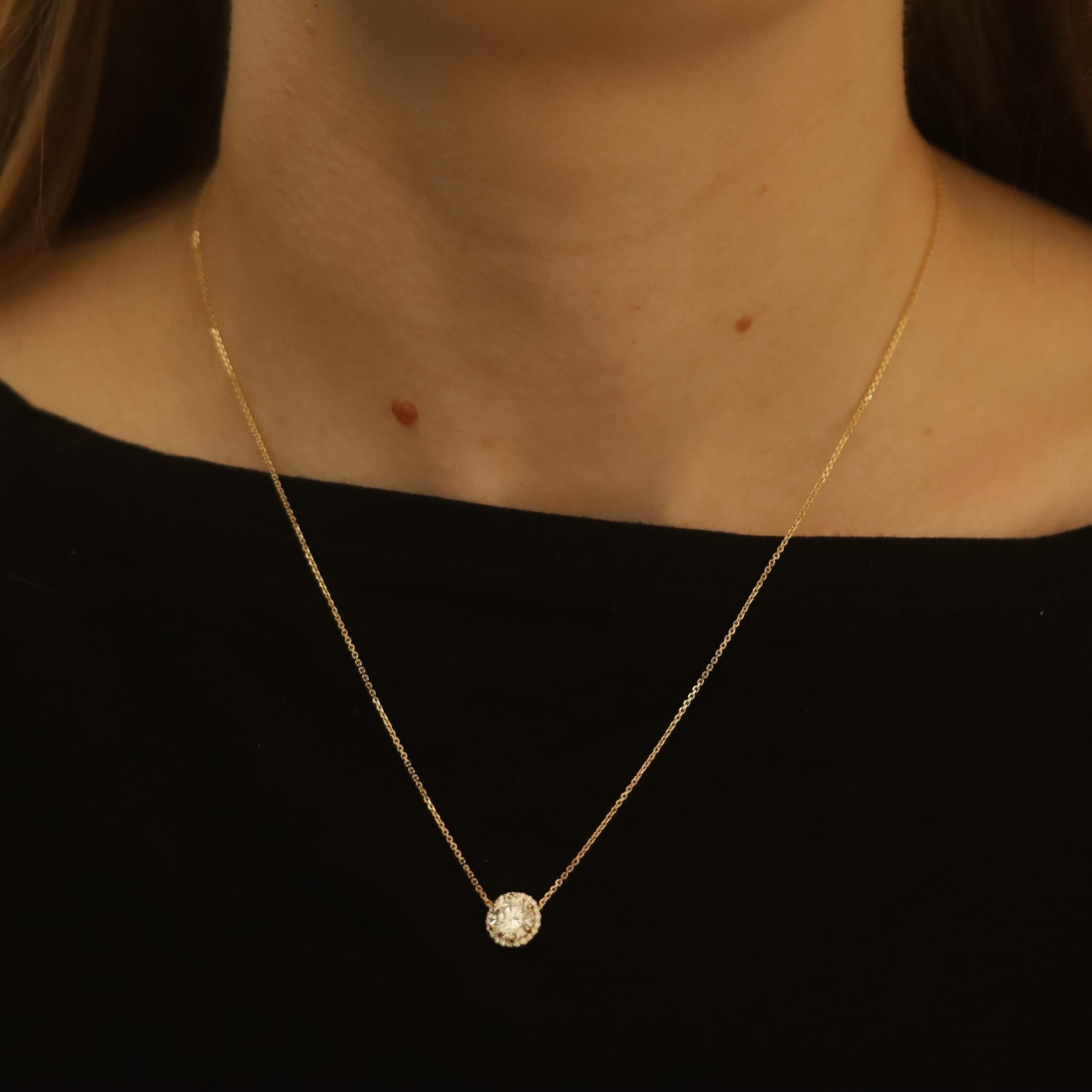Yellow Gold Diamond Halo Pendant Necklace - 14k Round 1.35ctw GIA Adjustable In New Condition For Sale In Greensboro, NC