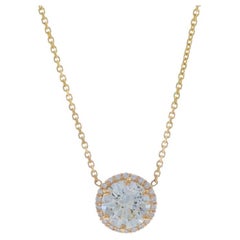 Yellow Gold Diamond Halo Pendant Necklace - 14k Round 1.35ctw GIA Adjustable