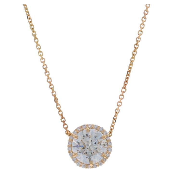 Yellow Gold Diamond Halo Pendant Necklace - 14k Round 1.38ctw GIA Adjustable