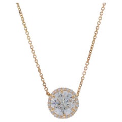 Yellow Gold Diamond Halo Pendant Necklace - 14k Round 1.38ctw GIA Adjustable