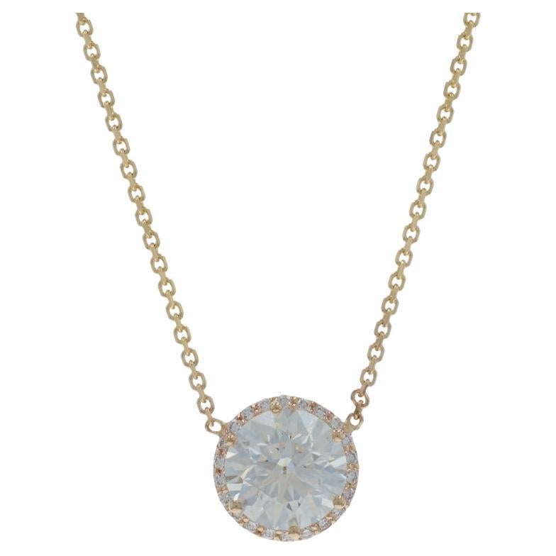 Yellow Gold Diamond Halo Pendant Necklace - 14k Round 1.71ctw GIA For Sale