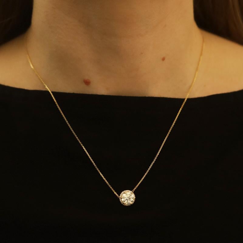 Yellow Gold Diamond Halo Pendant Necklace - 14k Round 2.14ctw GIA Adjustable In New Condition In Greensboro, NC