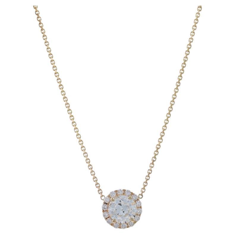 Yellow Gold Diamond Halo Pendant Necklace -14k Round Brilliant .96ctw Adjustable For Sale