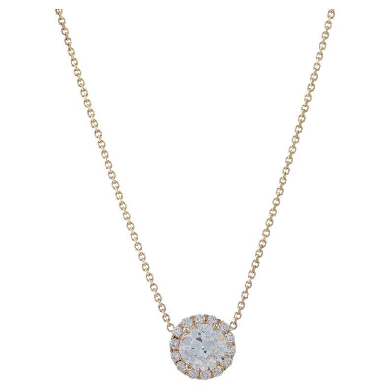 Yellow Gold Diamond Halo Pendant Necklace -14k Round Brilliant .96ctw Adjustable