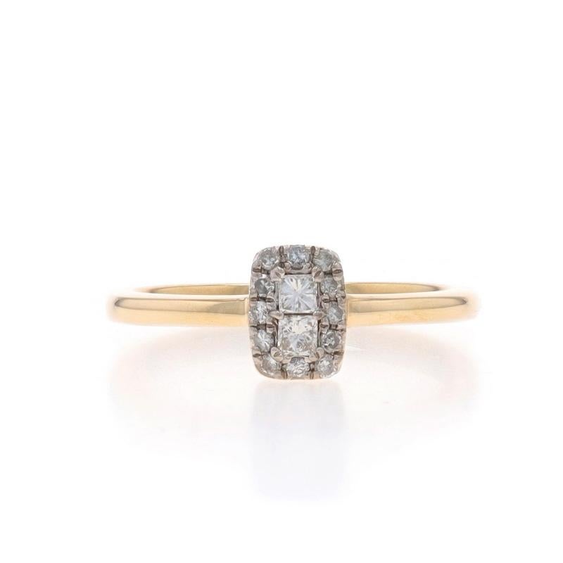 Size: 6
Sizing Fee: Up 3 sizes for $25 or Down 3 sizes for $25

Metal Content: 10k Yellow Gold & 10k White Gold

Stone Information

Natural Diamonds
Carat(s): .22ctw
Cut: Princess & Single
Color: I - J
Clarity: I1

Total Carats: .22ctw

Style: