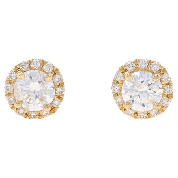 Yellow Gold Diamond Halo Stud Earrings - 14k Round Brilliant .51ctw Pierced For Sale