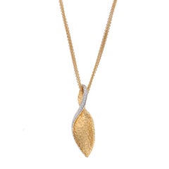 Yellow Gold Diamond Hammered Leaf Twist Pendant Necklace 18" - 14k Round .27ctw