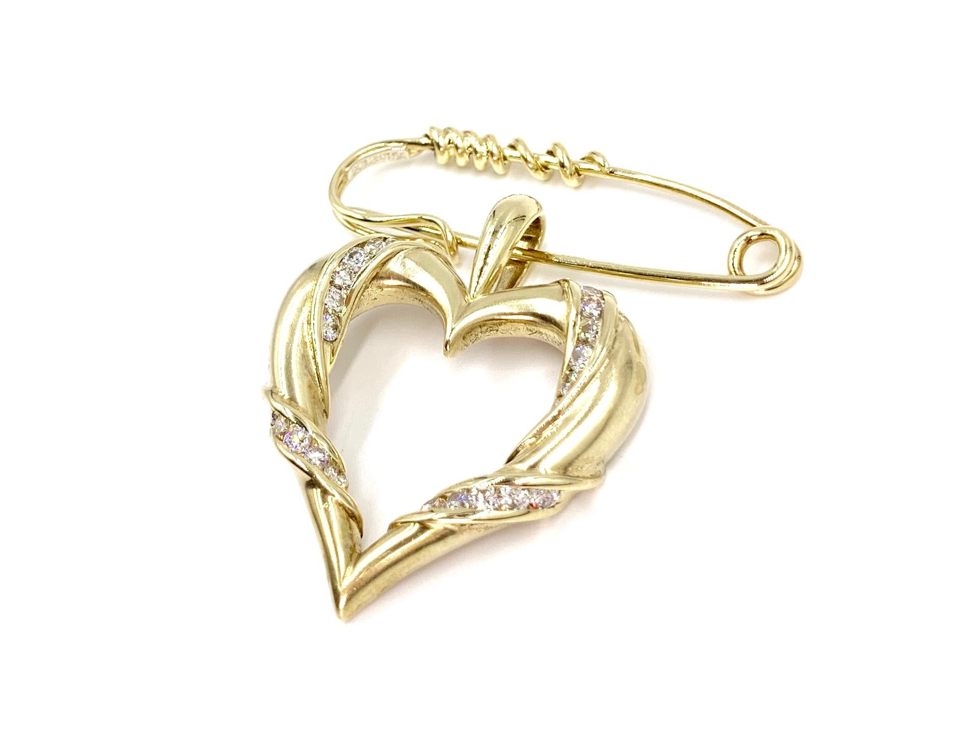 Round Cut Yellow Gold and Diamond Heart Brooch or Pendant