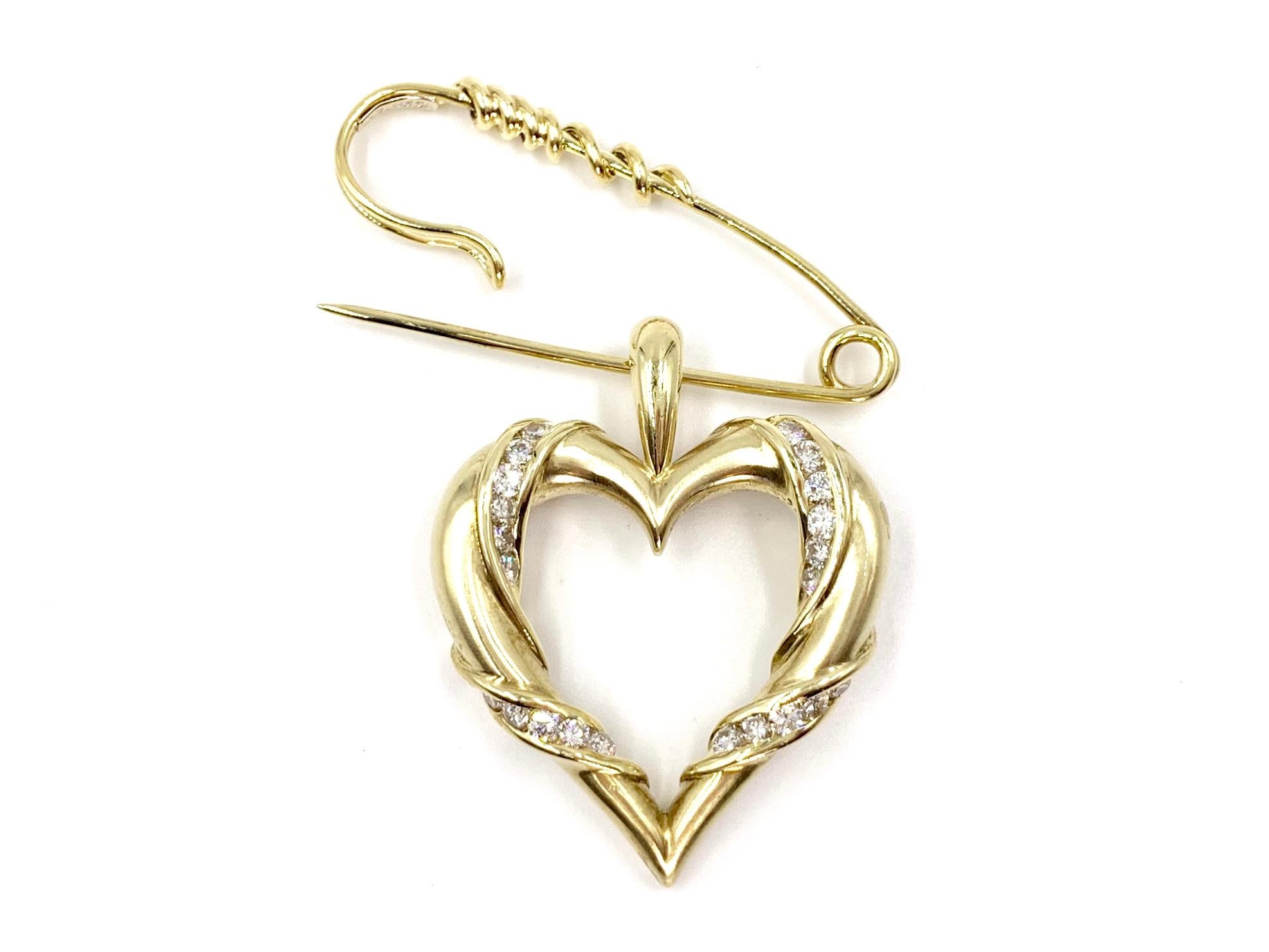 Yellow Gold and Diamond Heart Brooch or Pendant In Excellent Condition In Pikesville, MD