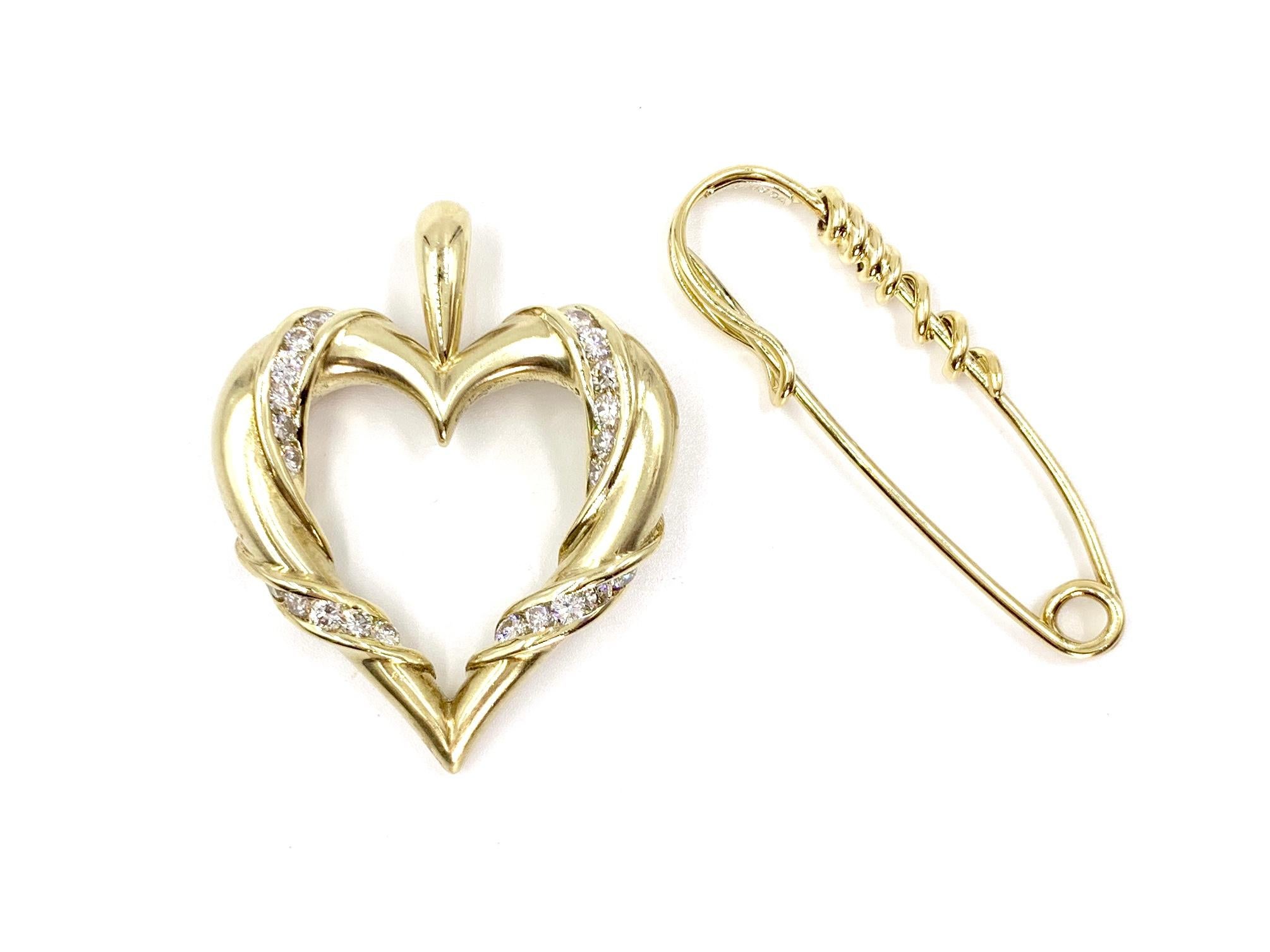 Women's or Men's Yellow Gold and Diamond Heart Brooch or Pendant