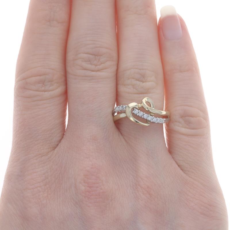 Round Cut Yellow Gold Diamond Heart Crossover Band - 10k Round Brilliant .13ctw Love Ring For Sale