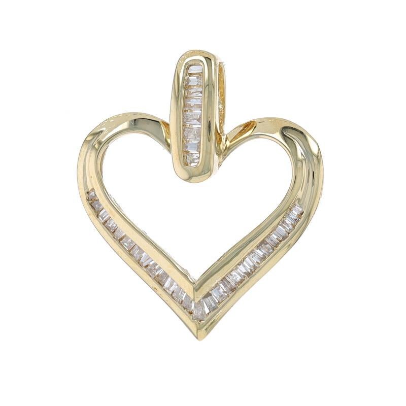 Metal Content: 10k Yellow Gold

Stone Information

Natural Diamonds
Carat(s): .25ctw
Cut: Baguette
Color: H - I
Clarity: I1

Total Carats: .25ctw

Theme: Heart, Love

Measurements

Tall (from stationary bail): 29/32