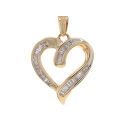 Yellow Gold Diamond Heart Pendant - 10k Baguette .50ctw Love Ribbon