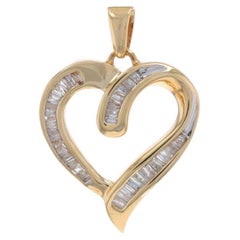 Yellow Gold Diamond Heart Pendant - 10k Baguette .50ctw Love Ribbon
