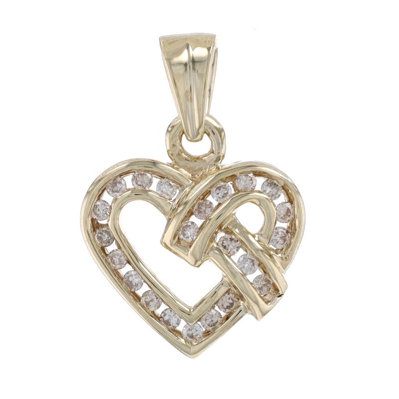 Metal Content: 10k Yellow Gold

Stone Information

Natural Diamonds
Carat(s): .25ctw
Cut: Round Brilliant
Color: Champagne Brown
Clarity: SI2 - I1

Total Carats: .25ctw

Theme: Heart, Love Knot
Features: Channel Set Stones

Measurements

Tall (from