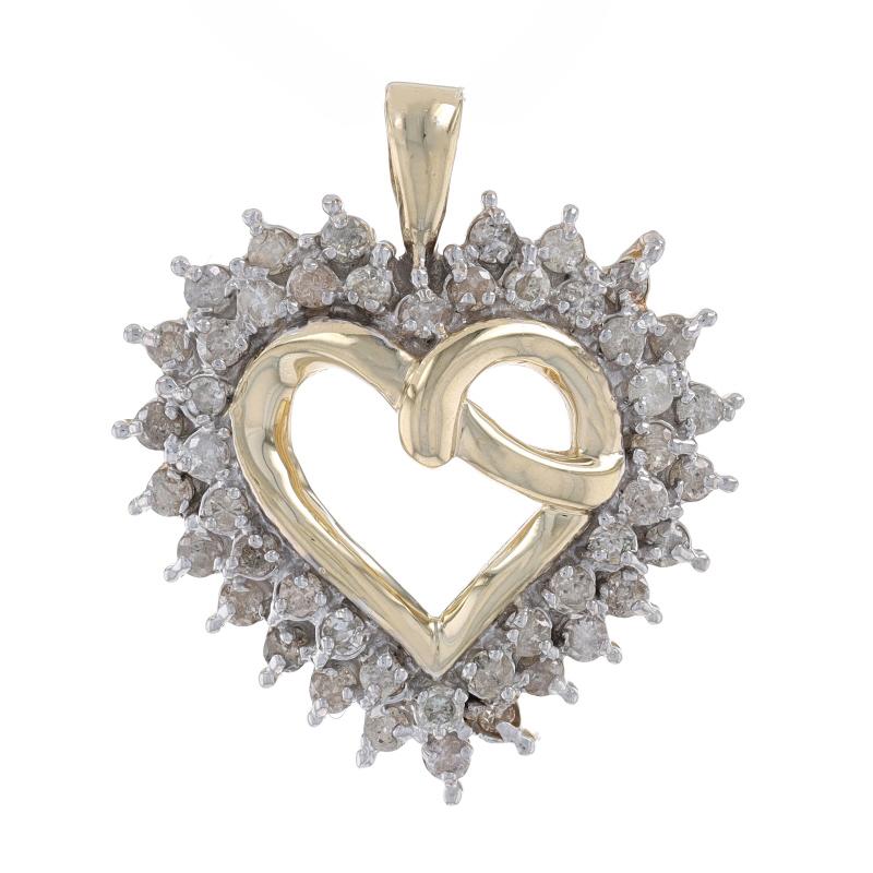 Metal Content: 10k Yellow Gold

Stone Information
Natural Diamonds
Carat(s): 1.00ctw
Cut: Round Brilliant
Color: J - K
Clarity: I2

Total Carats: 1.00ctw

Theme: Heart, Love Wreath

Measurements
Tall (from stationary bail): 1 1/8