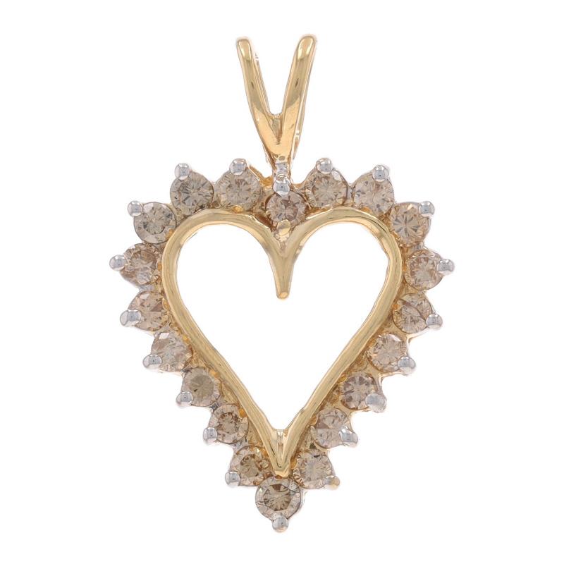 Metal Content: 10k Yellow Gold

Stone Information

Natural Diamonds
Carat(s): 1.00ctw
Cut: Round Brilliant
Color: Champagne Brown
Clarity: SI2 - I1

Total Carats: 1.00ctw

Theme: Heart, Love Wreath

Measurements

Tall (from stationary bail): 1 1/8
