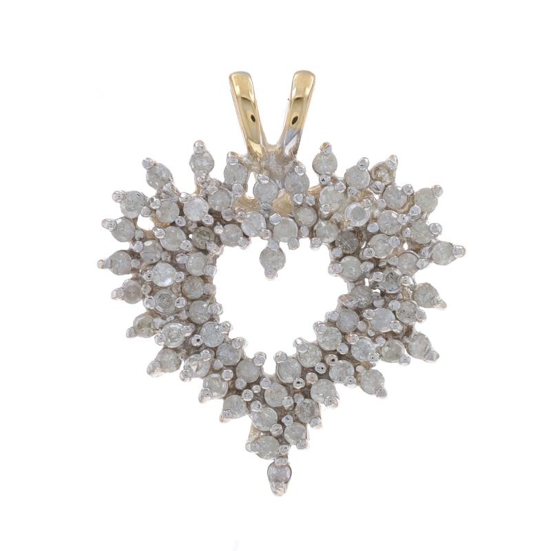Metal Content: 10k Yellow Gold & 10k White Gold

Stone Information

Natural Diamonds
Carat(s): 1.00ctw
Cut: Single
Color: G - H
Clarity: I2 - I3

Total Carats: 1.00ctw

Theme: Heart, Love Wreath

Measurements

Tall (from stationary bail): 1 3/32