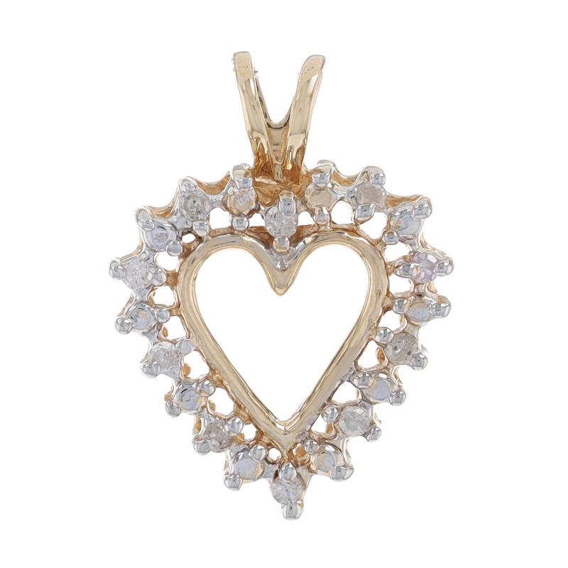 Metal Content: 10k Yellow Gold & 10k White Gold

Stone Information
Natural Diamonds
Carat(s): .10ctw
Cut: Single
Color: H - I
Clarity: I1 - I2

Total Carats: .10ctw

Theme: Heart, Love

Measurements
Tall (from stationary bail): 13/16