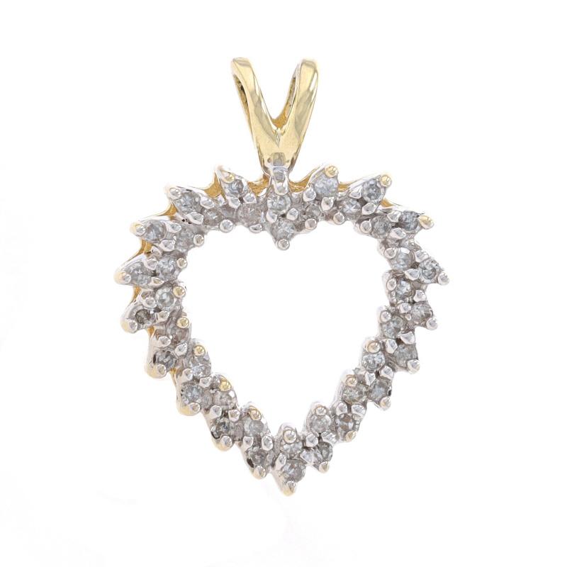 Metal Content: 10k Yellow Gold & 10k White Gold

Stone Information

Natural Diamonds
Carat(s): .25ctw
Cut: Single
Color: H - I
Clarity: SI2 - I1

Total Carats: .25ctw

Theme: Heart, Love

Measurements

Tall (from stationary bail): 29/32