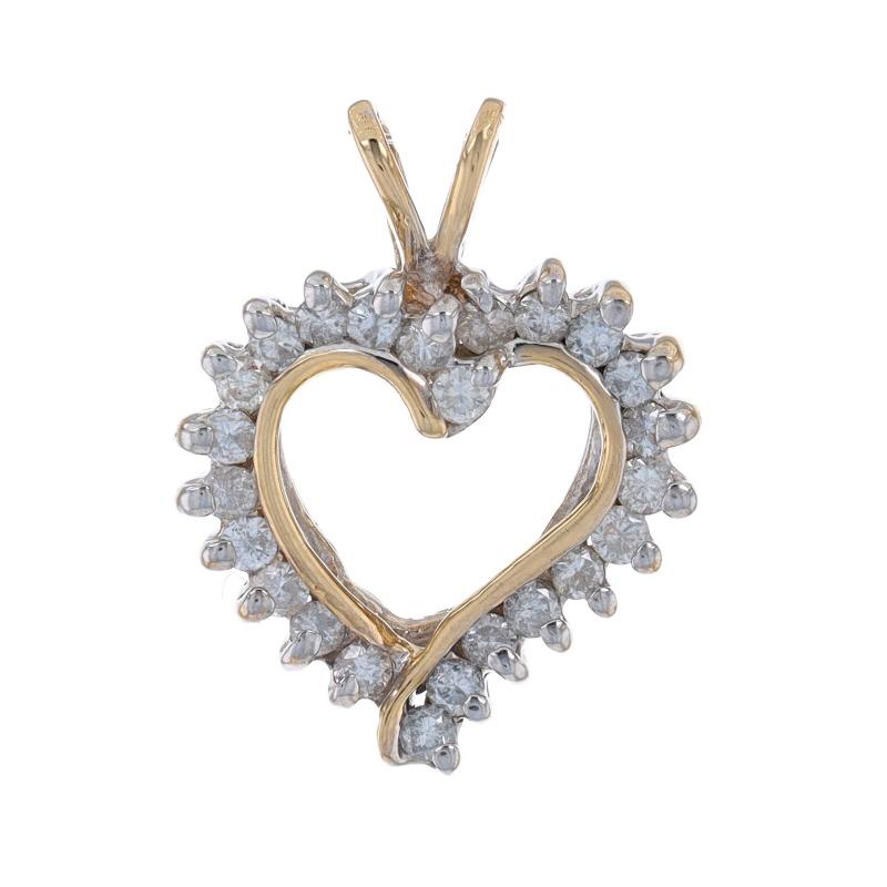 Metal Content: 14k Yellow Gold & 14k White Gold

Stone Information
Natural Diamonds
Carat(s): .33ctw
Cut: Round Brilliant
Color: G - H
Clarity: I1 - I2

Total Carats: .33ctw

Theme: Heart, Love

Measurements
Tall (from stationary bail): 13/16