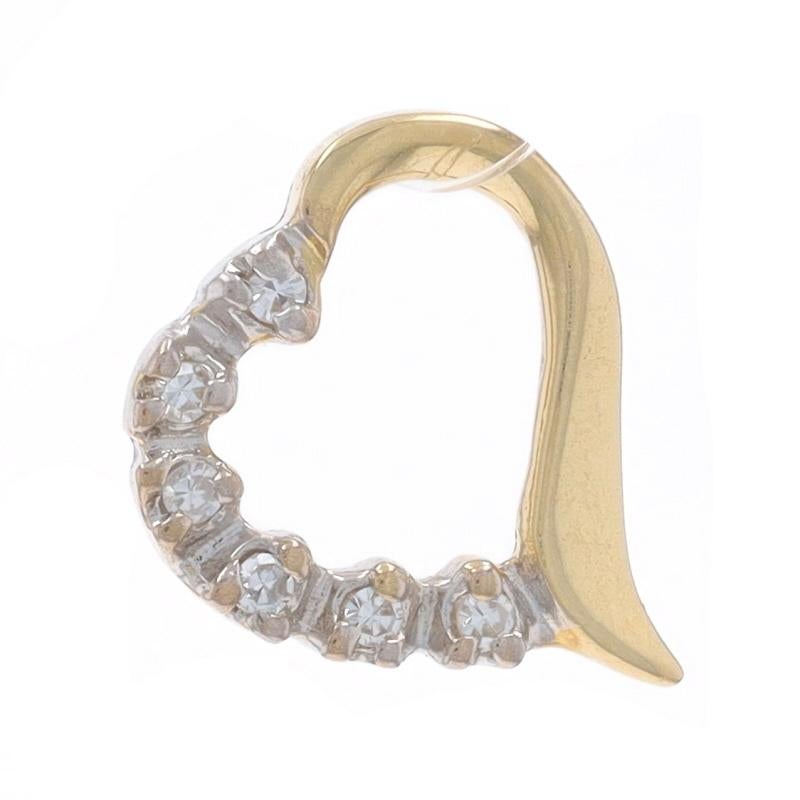 Metal Content: 14k Yellow Gold & 14k White Gold

Stone Information

Natural Diamonds
Carat(s): .05ctw
Cut: Single
Color: H - I
Clarity: VS1 - VS2

Theme: Heart, Love

Measurements

Tall: 7/16