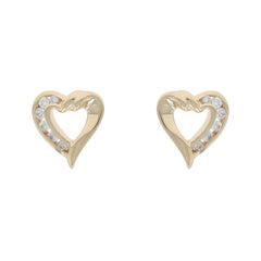 Yellow Gold Diamond Heart Ribbon Stud Earrings - 14k Round .18ctw Love Pierced
