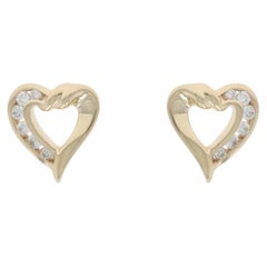 Yellow Gold Diamond Heart Ribbon Stud Earrings - 14k Round .18ctw Love Pierced