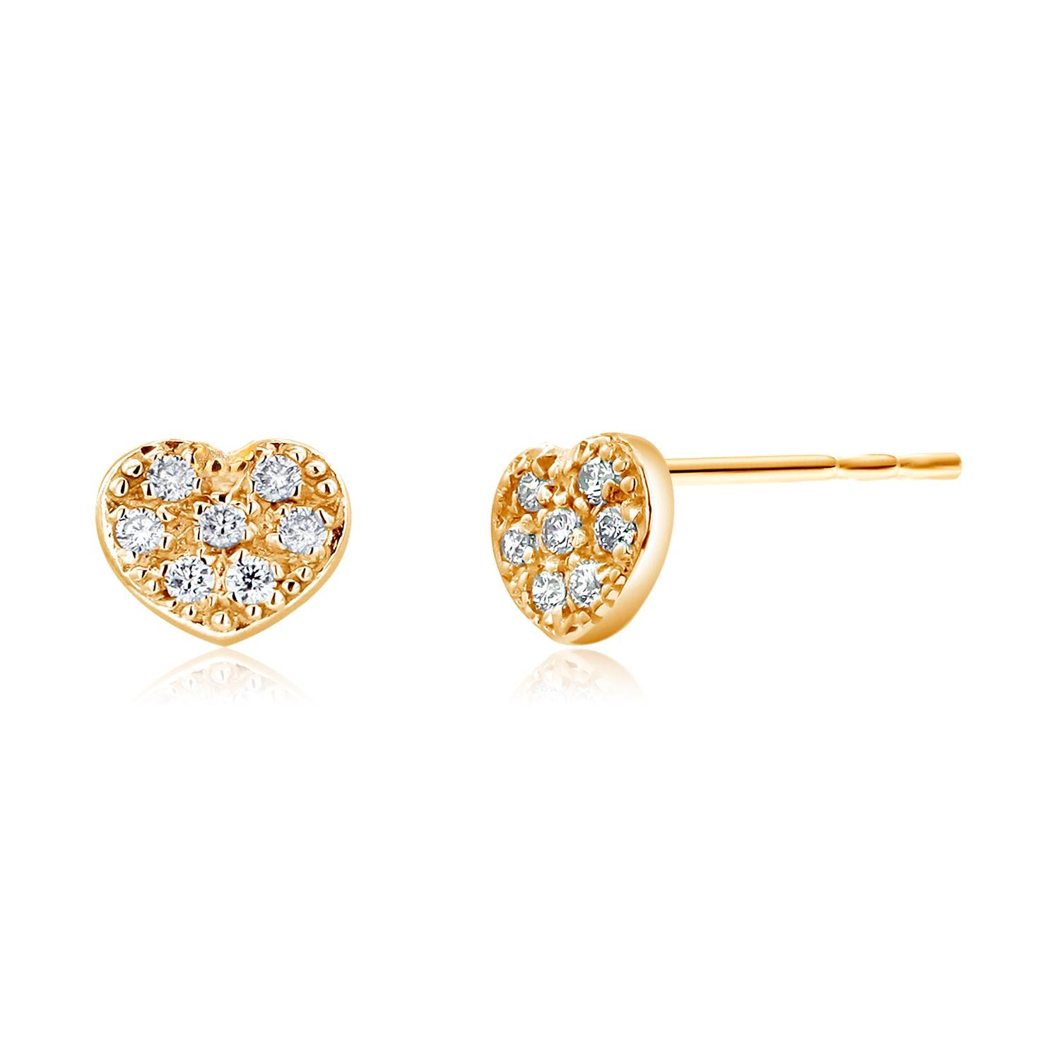 Contemporary Heart Shaped Diamond 0.15 Carats 14 Karat Yellow Gold 0.25 Inch Stud Earrings  For Sale