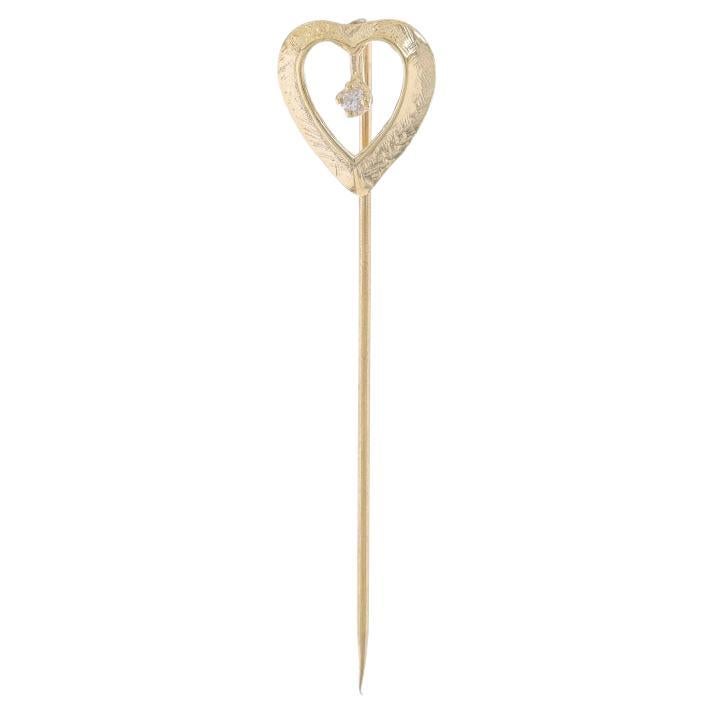 Yellow Gold Diamond Heart Stickpin - 14k Single Cut Love Solitaire For Sale