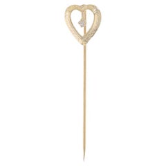 Yellow Gold Diamond Heart Stickpin - 14k Single Cut Love Solitaire