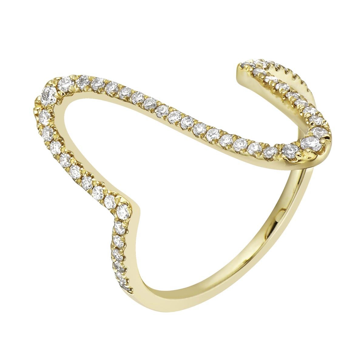 With this exquisite yellow gold diamond heartbeat ring, style and glamour are in the spotlight. This 14 karat yellow gold ring is made from 1.9 grams of gold and is covered in 49 round SI1-SI2, GH color diamonds totaling 0.28ct. This ring is size