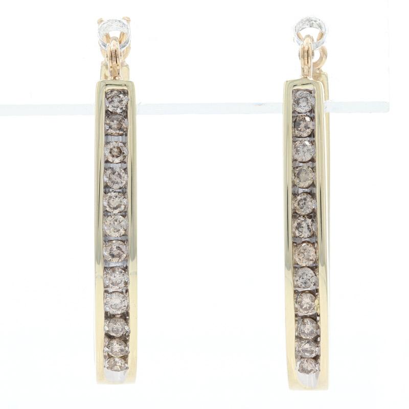 Metal Content: 10k Yellow Gold & 10k White Gold

Stone Information: 
Natural Diamonds
Total Carats: .50ctw
Cut: Round Brilliant 
Color: O - P Champagne Brown
Clarity: I1

Style: Hoop
Fastening Type: Snap Closures

Measurements: 
Tall: 1 3/32