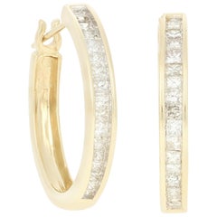Yellow Gold Diamond Hoop Earrings, 14 Karat Princess Cut 1.50 Carat Pierced