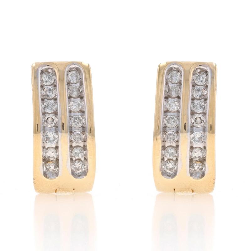 Metal Content: 14k Yellow Gold & 14k White Gold

Stone Information

Natural Diamonds
Carat(s): .70ctw
Cut: Round Brilliant
Color: G - H
Clarity: SI2 - I1

Total Carats: .70ctw

Style: Hoop
Fastening Type: Snap Closures

Measurements

Tall: 19/32